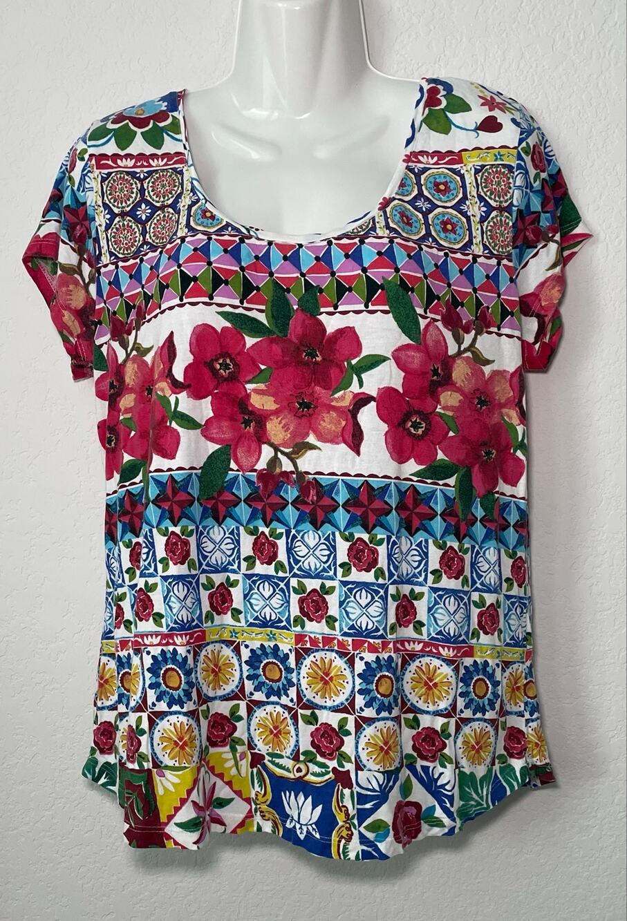 Desigual TS Monique Mediterranean Mosaic Eclectic Style Cap Sleeve Shirt - Large